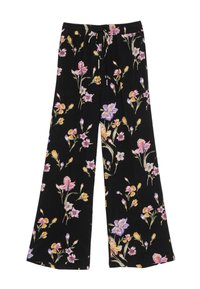Pantaloni neri a gamba larga con stampa floreale di fiori rosa, viola e gialli. Vita elastica con cordoncino per una vestibilità regolabile.