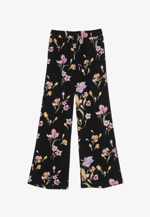 Pantaloni neri a gamba larga con stampa floreale di fiori rosa, viola e gialli. Vita elastica con cordoncino per una vestibilità regolabile.