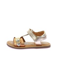 Metallisch goldene und bronzefarbene Sandalen mit einer Schnallenverschluss, offener Zehenpartie und floral-musterter Innensohle. Haltbares Material und leichte Konstruktion.