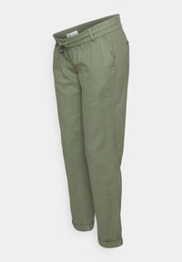 Pantalon décontracté vert olive avec taille élastique, cordon de serrage, deux poches latérales et revers roulés.
