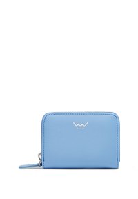 Light blue leather wallet with a smooth texture, zip closure, and a silver logo accent. Features rounded corners and fine stitching.