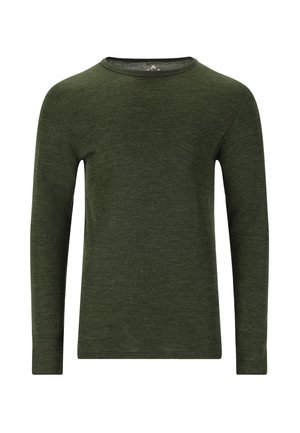 Long-sleeve, dark green crewneck shirt with a soft, textured fabric and a slim fit design.