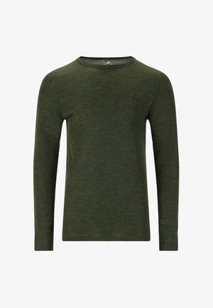 Langärmliges, dunkelgrünes Rundhals-Shirt aus einem weichen, strukturierten Stoff mit einer schmalen Passform.