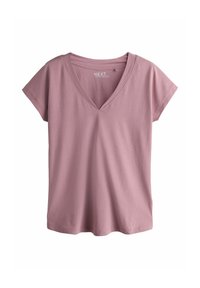 Roosa lühikeste varrukatega V-kaelusega T-särk, valmistatud pehmest puuvillasegust kangast, mis on lõdva lõike ja sileda tekstuuriga. Silmapaistvaid mustreid ega detaile ei ole.