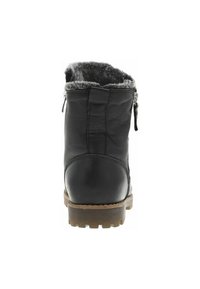 Schwarze Lederstiefelette mit einem weichen grauen Fellfutter, seitlichem Reißverschluss, strukturiertem Sohlen und gesteppten Details auf der Rückseite.