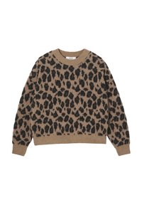Pull imprimé léopard en beige et noir, avec un col rond et des manches longues, confectionné dans un matériau en maille douce avec une finition texturée.