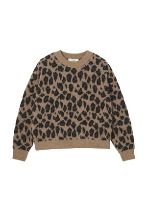 Pull imprimé léopard en beige et noir, avec un col rond et des manches longues, confectionné dans un matériau en maille douce avec une finition texturée.