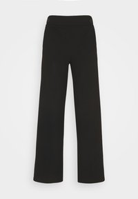 Pantalons larges noirs en tissu tissé, avec une texture lisse, deux boutons à l'avant et une taille mi-haute.