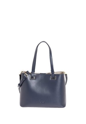 Borsa a mano in pelle blu navy con doppi manici, tracolla regolabile e logo in rilievo discreto al centro frontale.