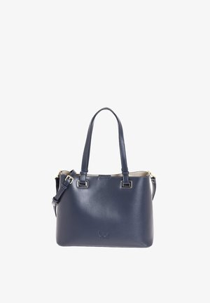 Borsa a mano in pelle blu navy con doppi manici, tracolla regolabile e logo in rilievo discreto al centro frontale.