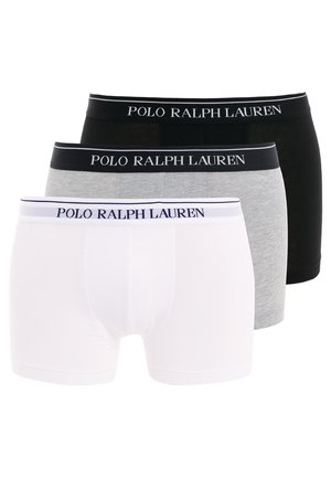 Trois paires de boxers pour hommes en blanc, gris et noir. Tous présentent des ceintures élastiques avec le logo "POLO RALPH LAUREN" en couleurs contrastées.