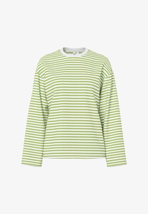 Haut à manches longues à rayures vert clair et blanches, avec un col rond et une coupe décontractée. Tissu en coton doux avec une texture lisse.