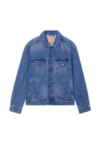 Jean jacketki, joka on keskisininen, pitkät hihat, nappikiinnitys, kaksi rintataskua ja klassinen kaulustyyli.