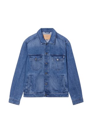 Giacca di jeans di blu medio, con maniche lunghe, chiusura con bottoni, due tasche sul petto e un design con colletto classico.