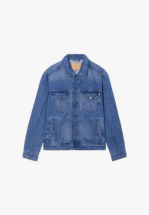 Denim jack in medium blauw, met lange mouwen, een knoopsluiting aan de voorkant, twee borstzakken en een klassiek kraagontwerp.