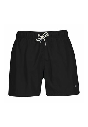 Zwarte zwemshorts met elastische tailleband en een wit trekkoord gestrikt in een strik, met een klein logo aan de rechteronderkant.