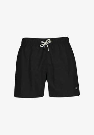 Schwarze Badeshorts mit elastischem Bund und weißem Kordelzug, der zu einer Schleife gebunden ist, mit einem kleinen Logo auf der unteren rechten Seite.