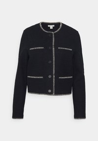 Czarna krótka kurtka z okrągłym dekoltem, z przodu zapinana na guziki, z dwiema kieszeniami na piersi i kontrastującym białym przeszyciem wzdłuż brzegów.