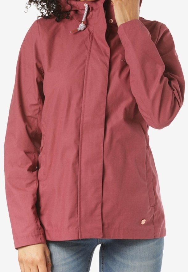 Wasserdichte bordeauxfarbene Jacke mit durchgehendem Reißverschluss, verstellbarer Kapuze und elastischen Bündchen, aus einem glatten, langlebigen Stoff gefertigt.