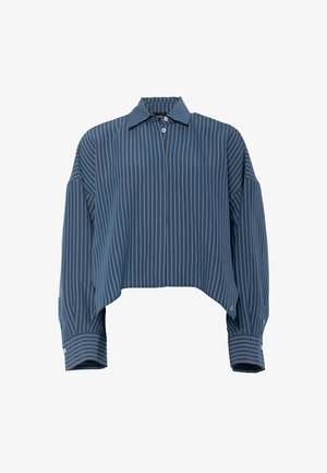 Camicia corta a maniche lunghe blu con sottili righe verticali bianche, chiusura con bottoni sul davanti, colletto e polsini larghi su sfondo uniforme.