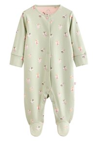Body pour bébé de couleur vert clair en tissu doux, présentant un motif féerique floral en rose et pêche. Comprend des boutons-pression et un design avec pieds intégrés.