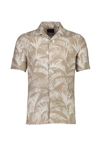 Chemise beige à manches courtes avec boutons, présentant un motif de feuilles de palmier blanches. Fabriquée en tissu léger avec un col classique et une coupe décontractée.