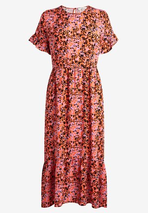 Robe midi orange vif avec des taches abstraites noires et roses, manches courtes à volants, taille froncée et ourlet évasé.