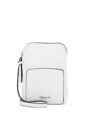 Kompakte weiße Leder-Umhängetasche mit Fronttasche, schwarzer Kante, Reißverschluss und verstellbarem Handgelenksriemen.