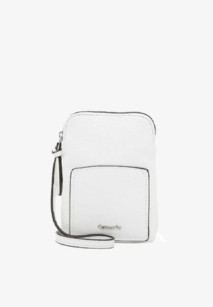 Petit sac bandoulière blanc en cuir avec poche avant, bordure noire, fermeture éclair et bracelet réglable.