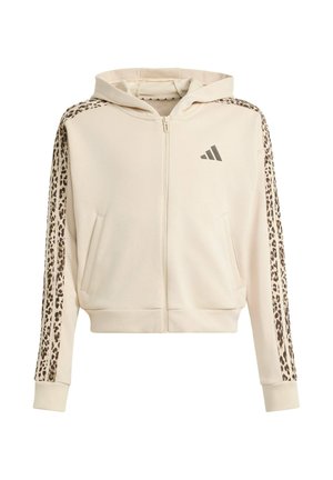 Beżowa bluza na suwak z kapturem, paski w panterkę na rękawach, kieszenie z przodu oraz małe logo Adidas na lewej piersi.