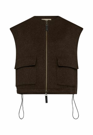 Brown, sleeveless vest made of felted fabric. Features a front zipper, two large pockets, and adjustable drawstrings at the hem.