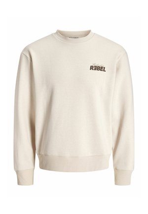 Bézs színű, kerek nyakú pulóver bordázott mandzsettákkal és szegéllyel, a felső bal mellrészen sötétbarna "Selective REBEL" felirattal.