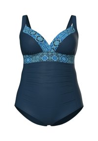 Maillot de bain une-pièce bleu marine avec décolleté en V et bordure à motifs bleus présentant des motifs floraux et géométriques sur la poitrine et la taille.