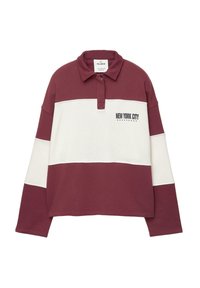 Maglietta da rugby a maniche lunghe maroon e bianca con colletto, testo "New York City" sul davanti e patta con bottoni.