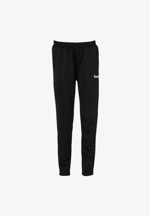 Schwarze Jogginghose mit einem elastischen Bund, zwei Seitentaschen und dem weißen "Kemp"-Logo auf dem linken Oberschenkel. Hergestellt aus einem weichen, dehnbaren Material.