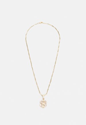 Gullfarget halskjede med lenkekjede og en dollar-tegn anheng dekorert med rhinestener. Glatt tekstur, elegant design.
