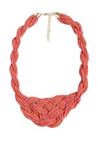 Vlechtend kralenketting in tinten van roze en oranje, met een gestructureerd ontwerp, hardware in goudkleur en een verstelbare sluiting.