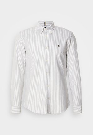 Herren Langarm-Hemd mit Knopfleiste in hellblau und weißen vertikalen Streifen, aus Baumwollmaterial, mit kleinem Logo auf der Brust und Knopfmanschetten.