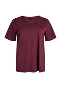 T-shirt bordeaux à manches courtes avec un design en V. Fabriqué en tissu doux, il présente une coupe décontractée et une texture lisse.