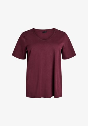 Bordeaux kortemouwen t-shirt met V-hals ontwerp. Gemaakt van zachte stof, heeft het een relaxte pasvorm en een soepele textuur.