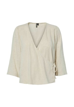 Beige linskjorte med omslag, trekvartlange ermer, knyting i siden, V-utringning og avslappet passform.