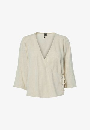 Beige linskjorte med omslag, trekvartlange ermer, knyting i siden, V-utringning og avslappet passform.