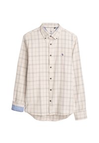 Beige geruit overhemd met bruine knopen, lange mouwen, met blauwe accenten op de manchetten en een klein logo op de borst. Van een katoenen mixstof.