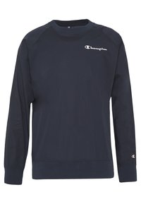 Sudadera azul marino de manga larga hecha de mezcla de algodón, con cuello redondo, puños acanalados y logo bordado "Champion" en el pecho.