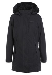 Manteau d'hiver noir pour femme de longueur moyenne, avec capuche, fermeture zippée et pressions, poches latérales et logo Jack Wolfskin sur la poitrine.