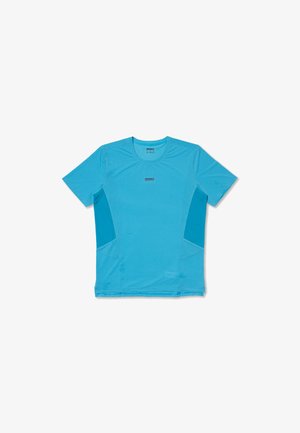 Kirkkaan sininen lyhythihainen urheilupaita, jossa tummemmat siniset sivupaneelit ja pieni "Brooks"-logo rinnan keskellä.