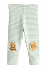 Leggings à rayures vert clair en tissu doux, ornés de broderies d'abeilles et de fleurs sur chaque jambe.