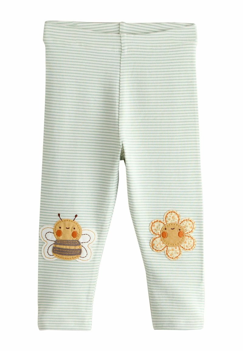 Leggings à rayures vert clair en tissu doux, ornés de broderies d'abeilles et de fleurs sur chaque jambe.