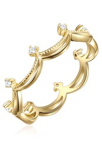 Gold ring with a decorative design, featuring small clear stones and detailed grooves along the band. Open shape with accentuated edges.