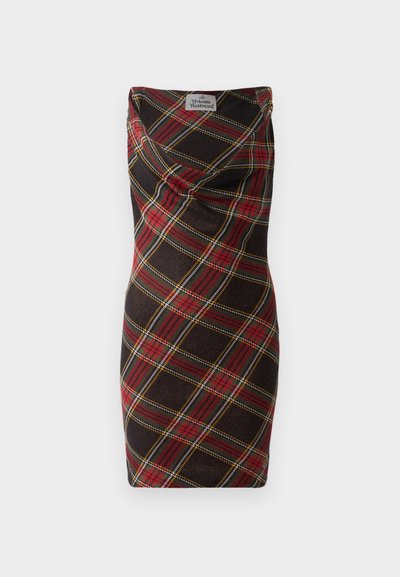 Schwarzes und rotes kariertes Kleid mit einem drapierten Ausschnitt. Es besteht aus weichem Stoff und hat gelbe und weiße Linien in einem karrierten Muster.